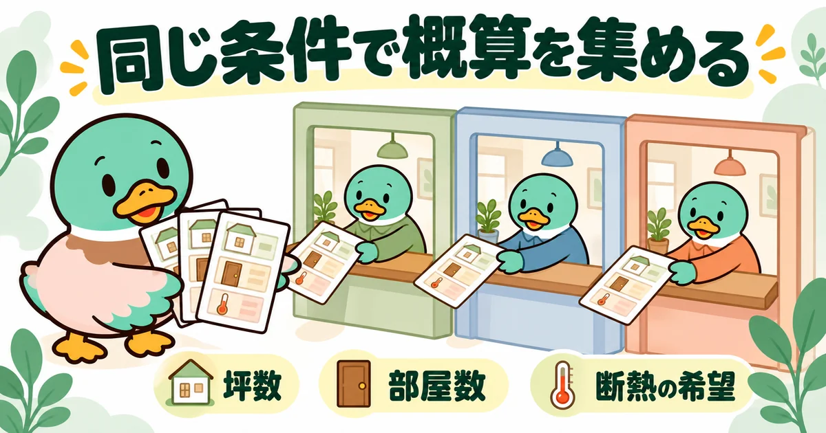 土地決まってない段階で、坪数・部屋数・断熱の希望を同じ言葉にして複数のハウスメーカーへ先に渡すあいみつ。