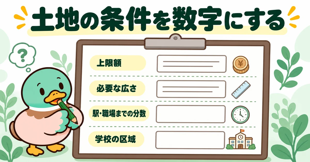 土地の条件を上限額・広さ・駅や職場までの分数・学校の区域の数字にして紙に書き出すあいみつ。ハウスメーカーの概算の先にやる準備。