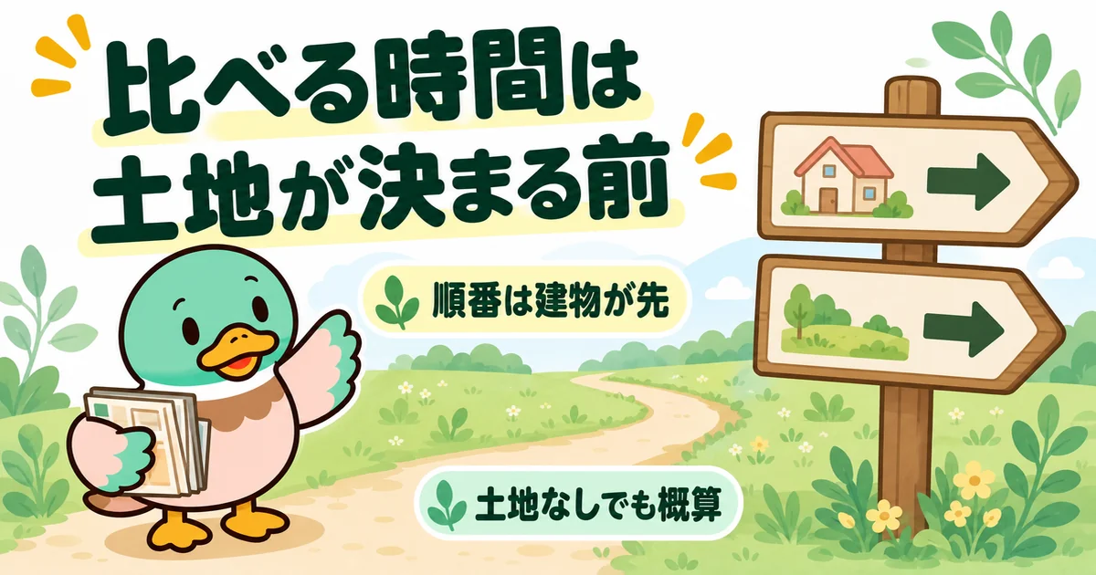 土地が決まる前の今、ハウスメーカーを先に比べる順番を道しるべで示し、カタログを抱えて歩き出すあいみつ。