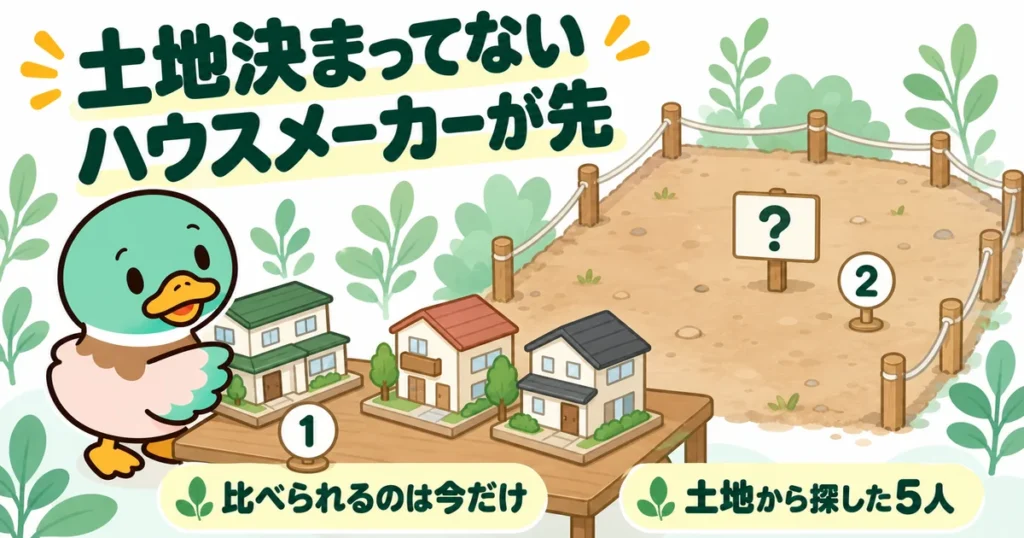 土地決まってない段階で、空き地より先に家の模型を手に取ってハウスメーカーを比べるあいみつのイラスト。
