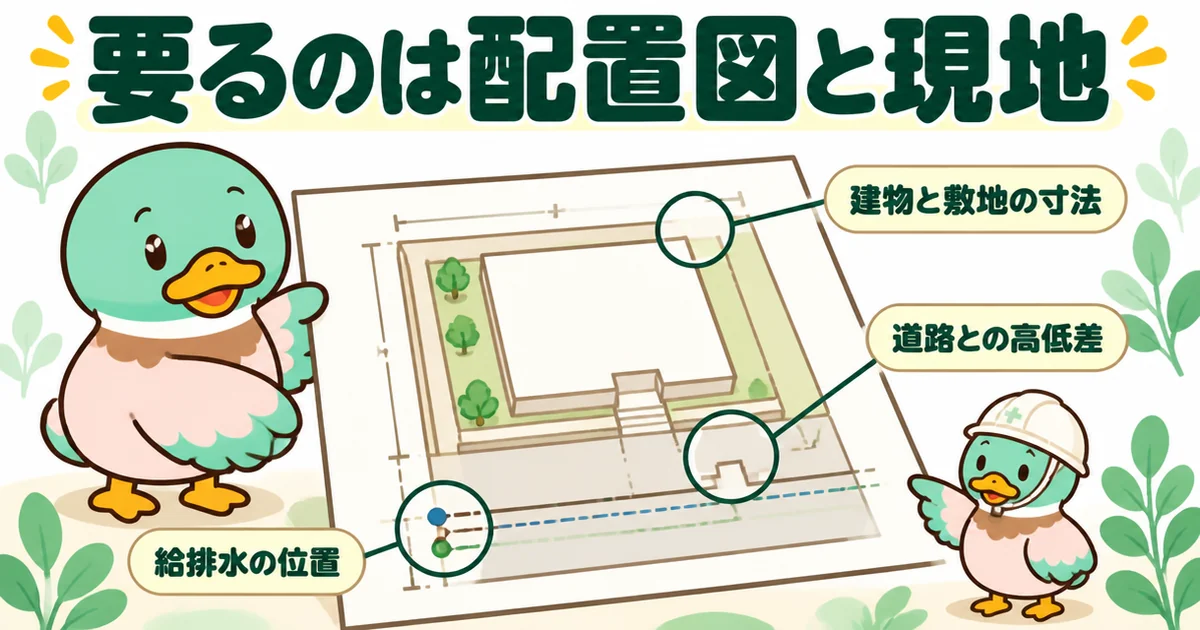 外構の見積もりに必要な配置図に、建物と敷地の寸法・道路との高低差・給排水の位置が入っていることを示した図解。
