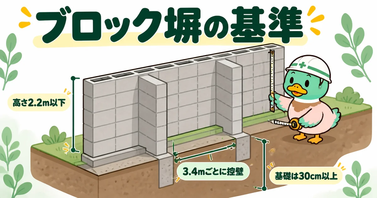 ブロック塀は高さ2.2m以下、3.4mごとに控壁、基礎は30cm以上という基準を寸法線で示した図解。