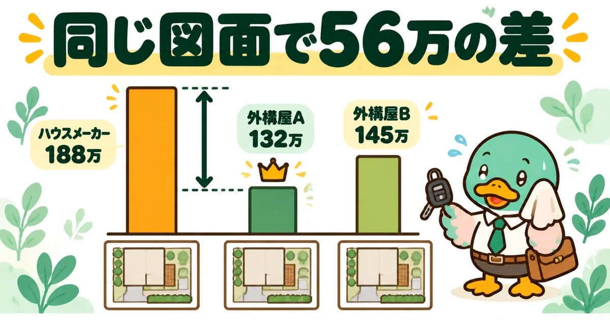 同じ図面でハウスメーカー188万、外構専門店が132万と145万になり、外構費用が56万下がったことを示す棒グラフ。