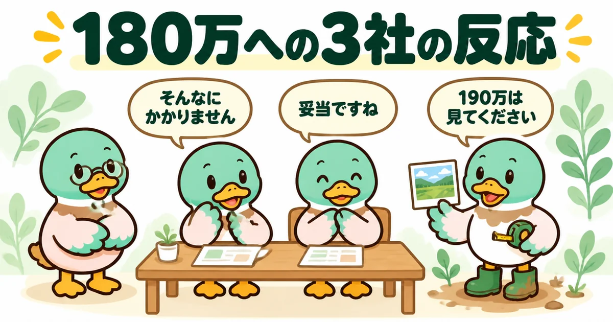 外構費用180万を伝えたときの3社の反応の違いと、土地を見に行って190万と答えた会社を選んだことを示す図解。