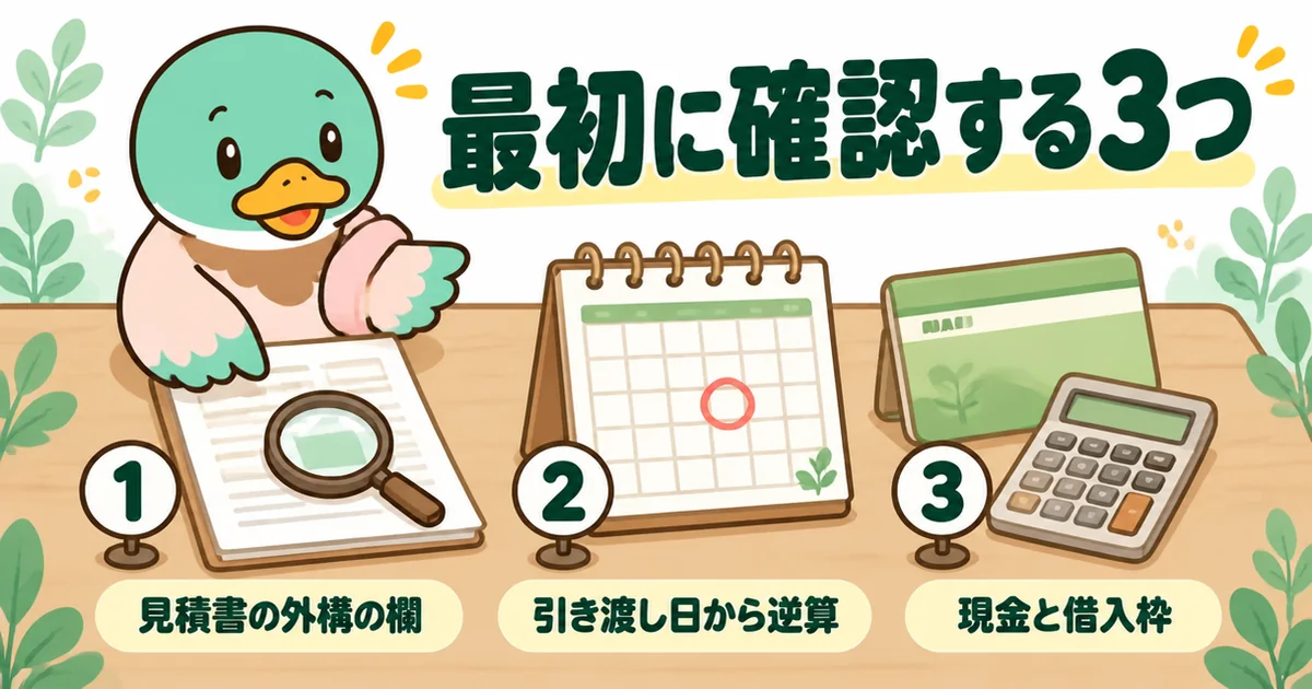 外構費用が足りないときに最初に確認する見積書・引き渡し日・現金と借入枠の3つを机に並べたイラスト。