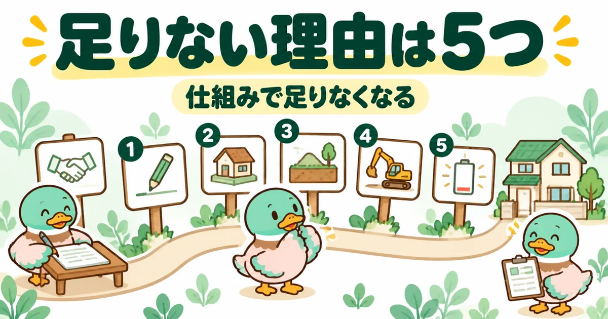 外構費用が足りない理由5つが、契約から引き渡しまでの家づくりの道のりに順に並んでいることを示したイラスト。