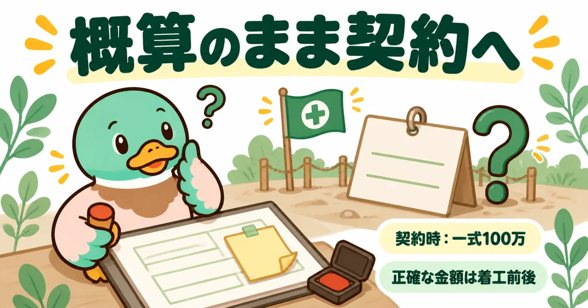 契約時は外構費用が一式100万の概算で仮置きされ、正確な金額は着工前後に出ることを付せんと値札で表したイラスト。