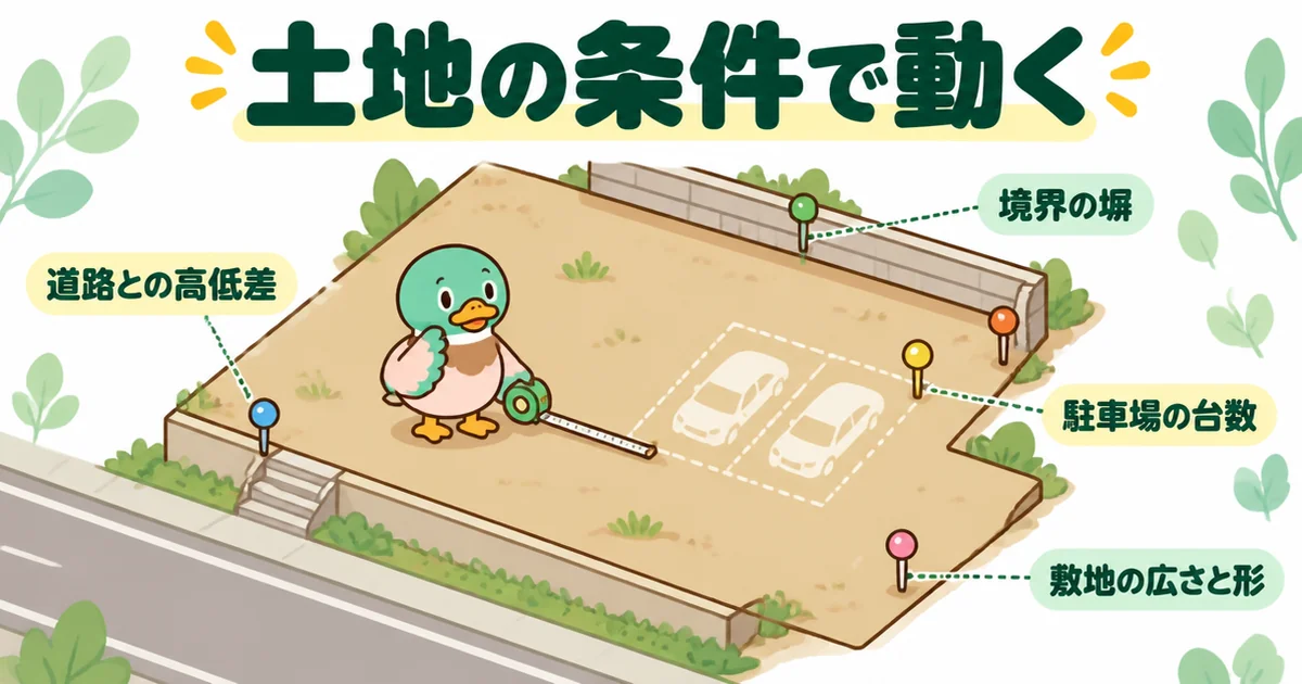 外構費用を動かす土地の条件として、高低差・境界の塀・駐車場の台数・敷地の形の4か所にピンを立てた鳥瞰図。