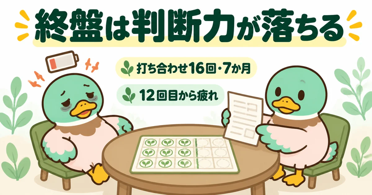 打ち合わせ16回・7か月の終盤で疲れきったあいみつに外構費用の見積書が出される場面のイラスト。