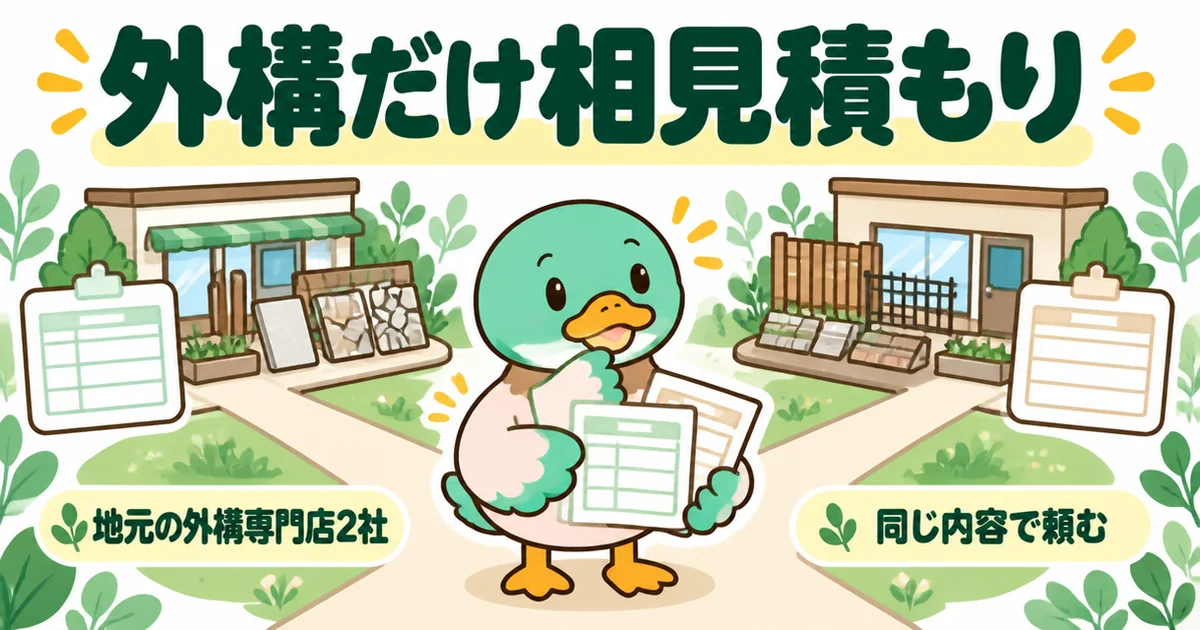 外構費用が足りないとき、図面と見積書を持って地元の外構専門店2社に同じ内容で相見積もりを頼むあいみつのイラスト。