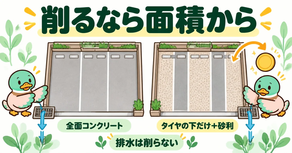 外構費用を削るなら面積の大きい駐車場からで、全面コンクリートとタイヤの下だけの2案を真上から比べたイラスト。