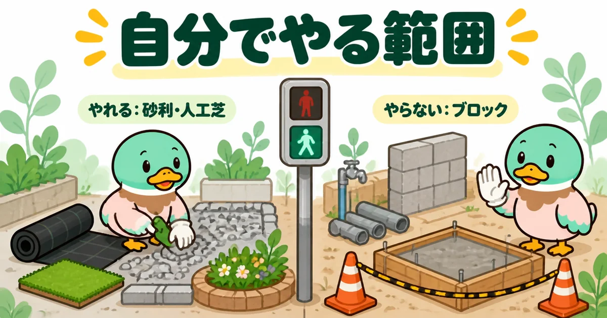 外構費用を抑えるために自分でやれる砂利敷きや人工芝と、手を出さないブロック積みなどを信号で分けたイラスト。