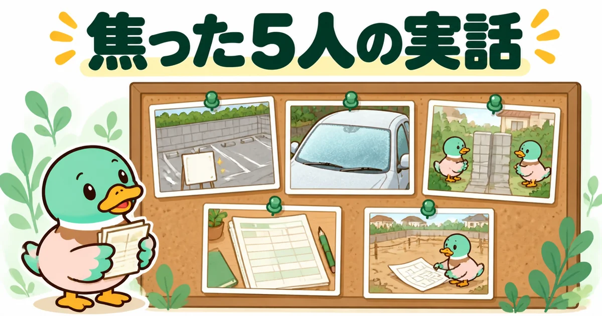 外構費用が足りなくて焦った5人の実話を、駐車場・霜の車・境界の塀・返済明細・更地の写真カードで表したイラスト。