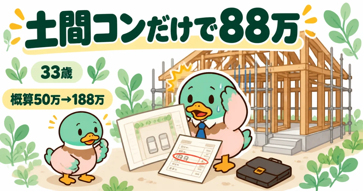 外構費用が概算50万から188万になり、土間コンだけで88万と言われた33歳の体験談の場面のイラスト。