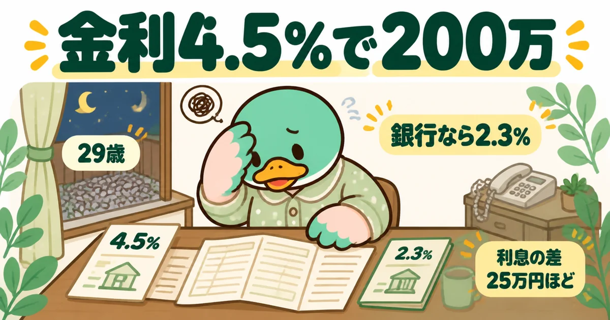 外構費用200万を金利4.5%で借り、銀行なら2.3%だったと返済明細を見て気づく29歳の体験談のイラスト。