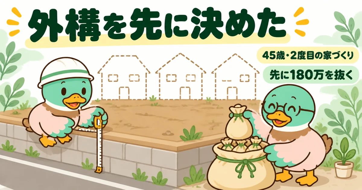 建物の会社を決める前に外構屋に土地を見てもらい、外構費用180万を先に予算から抜いた45歳の体験談のイラスト。