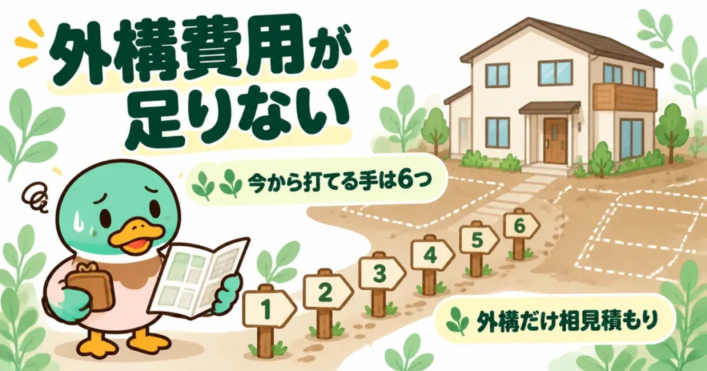 注文住宅の外構費用が足りないと気づき、見積書を開いたまま固まるあいみつと、打てる手6つの道しるべのイラスト。