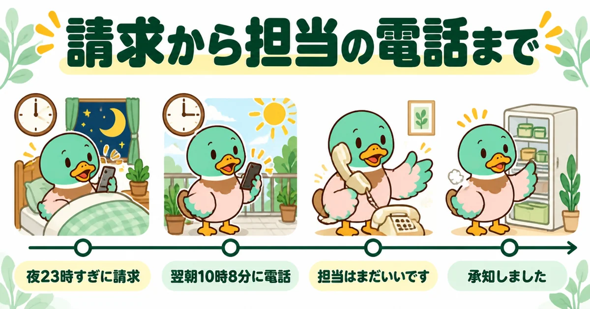 夜に資料請求して翌朝に担当ですと電話が来て、次の電話で担当はまだいいですと伝えるまでを並べた時系列の図解。