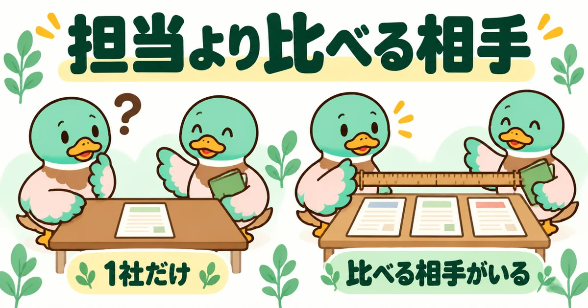 ハウスメーカーの担当が誰に決まるかより、1社だけでなく比べる相手がいるかが大事だと見積書の枚数で示した図解。