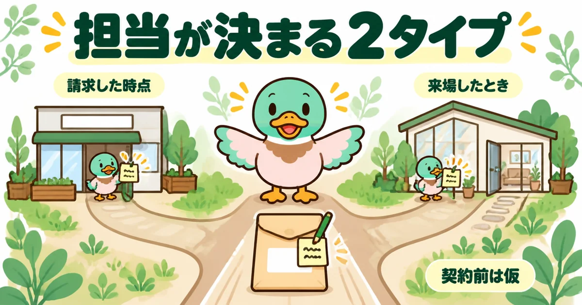 ハウスメーカーに資料請求すると担当が決まる会社には、請求した時点で割り当てる型と来場したときに決める型があると示す分かれ道。