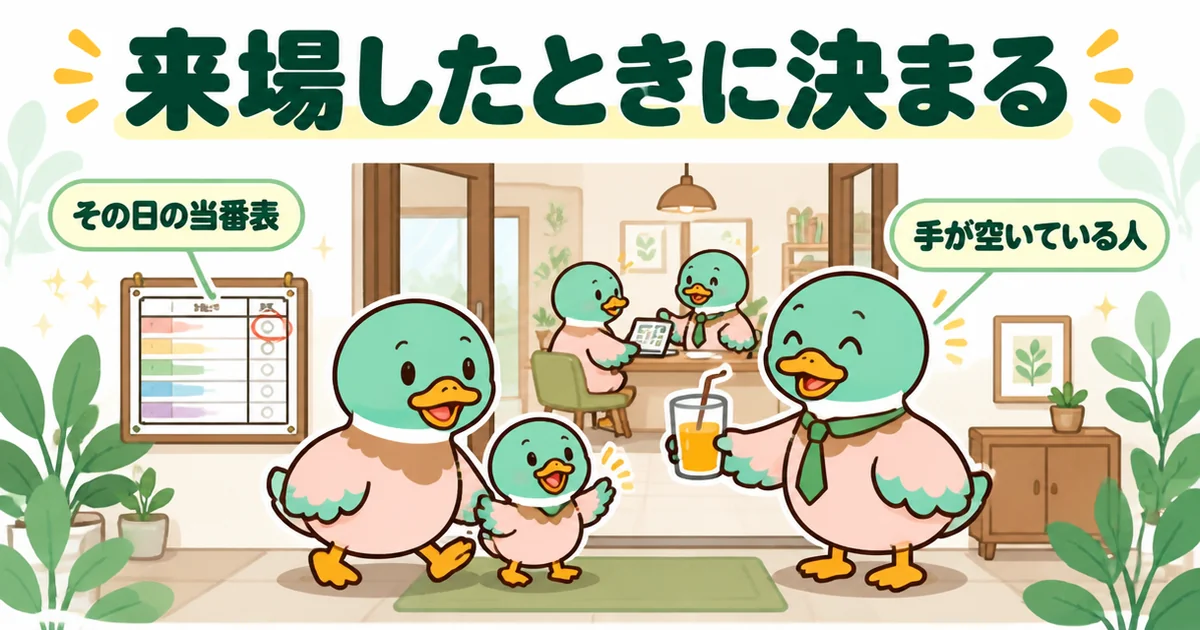 資料請求をせず展示場に飛び込むと、その日の当番表で手が空いている人が担当に決まることを示すあいみつの体験の場面。