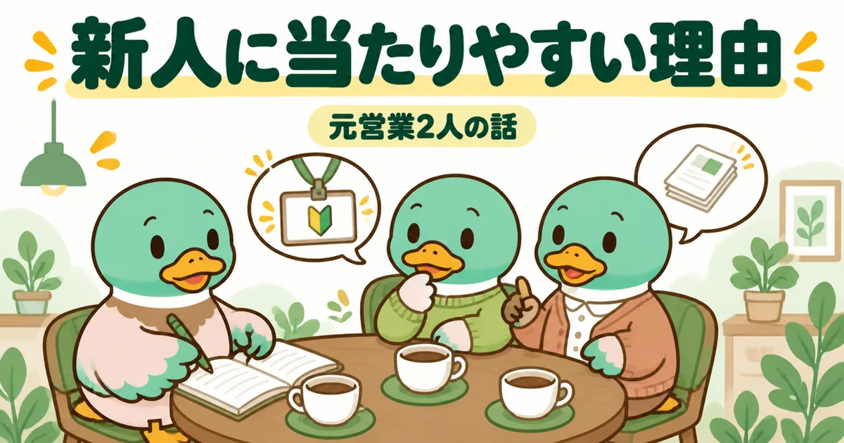 資料請求からの担当は新人に当たりやすいと言われる理由を、元営業2人に取材して聞くあいみつのイラスト。