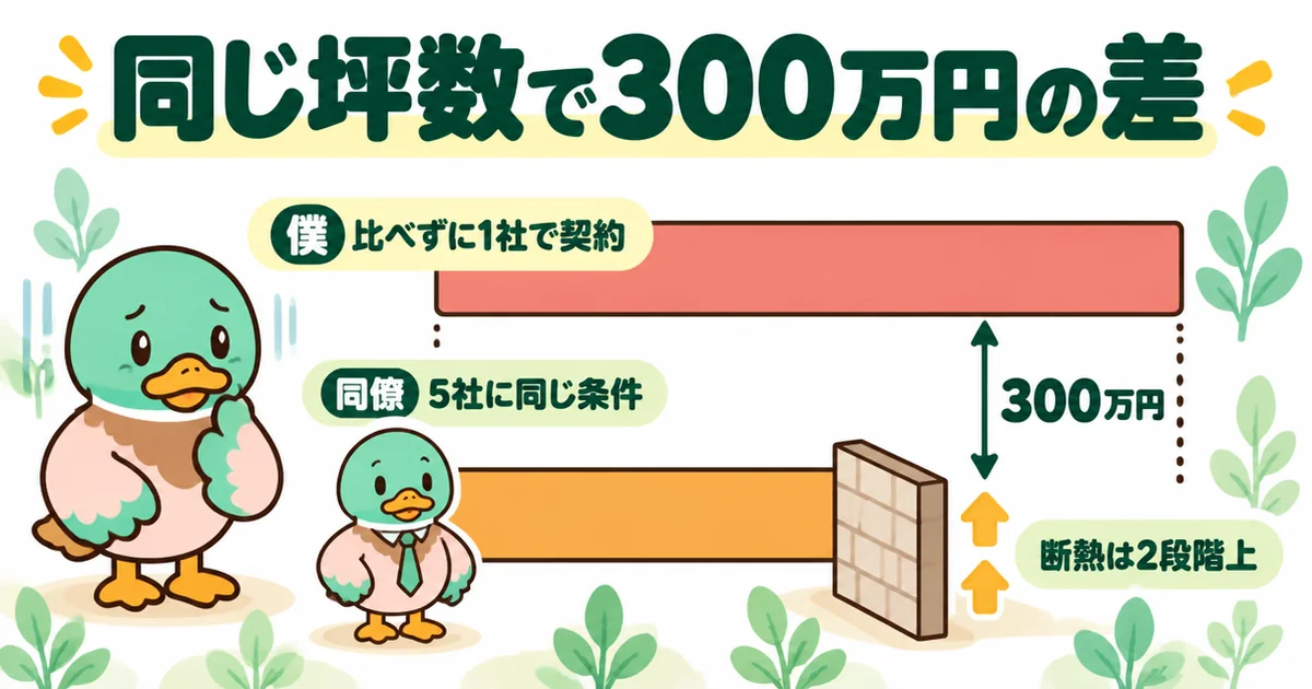 注文住宅を比べずに1社で決めた僕と、5社に同じ条件で見積もりを出させた同僚とで総額に300万円の差が出た図解。