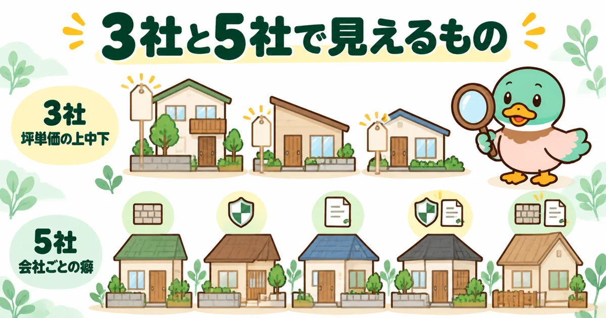 注文住宅の資料請求は、3社で坪単価の上中下の幅が見え、5社で断熱や保証など会社ごとの癖が見えることを示す図解。