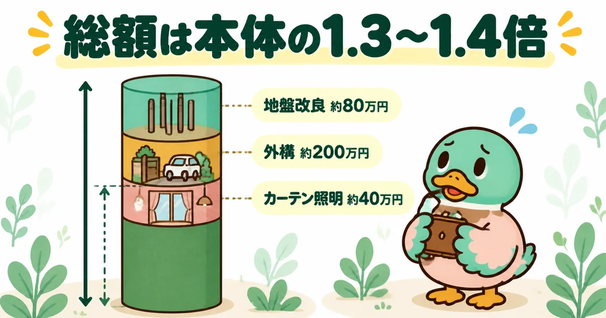 注文住宅の本体価格に地盤改良約80万円・外構約200万円・カーテンと照明約40万円が積み上がり、総額が本体の1.3〜1.4倍になる図解。