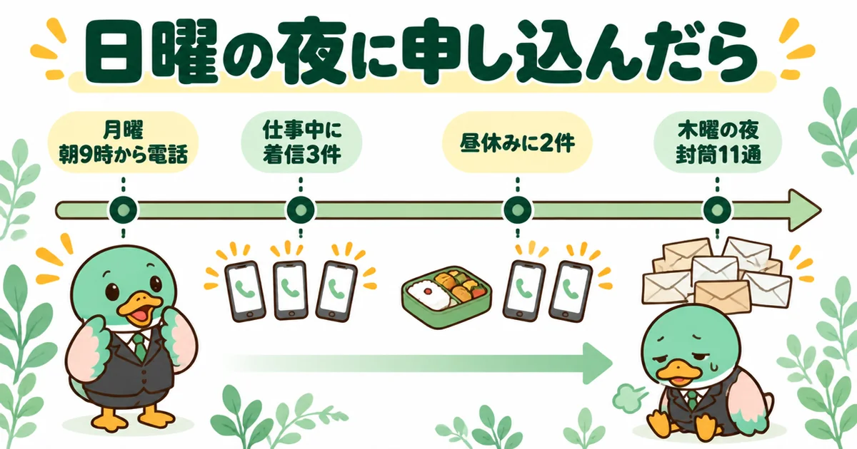 注文住宅の資料請求を10社にした翌朝9時から電話が鳴り、木曜の夜に封筒が11通になった流れを帯で示した図解。