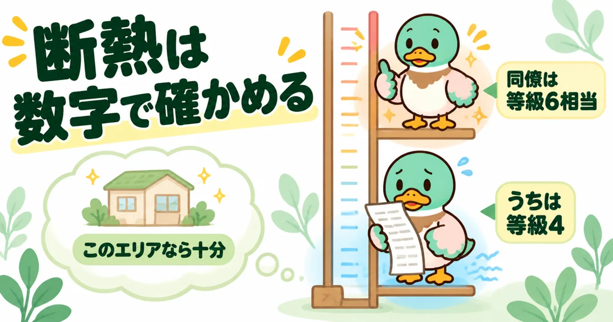 注文住宅の資料請求で断熱は言葉ではなく等級の数字で確かめることを、等級4と等級6相当の差で示した図解。