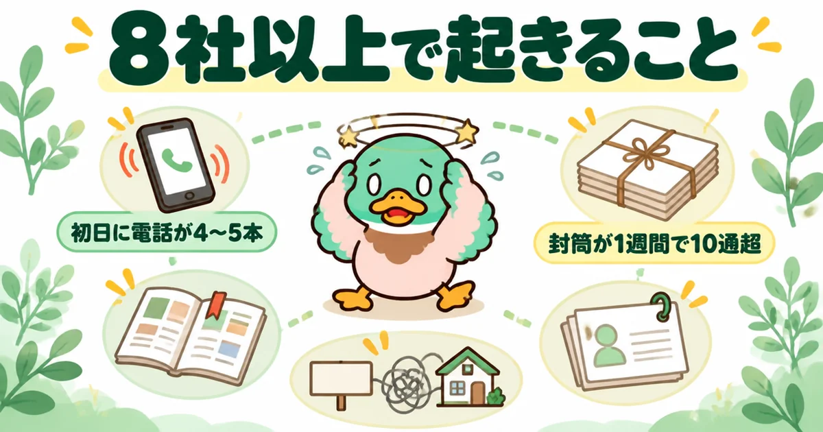 注文住宅の資料請求を8社以上にすると、初日の電話や10通を超える封筒で整理が追いつかなくなる様子を描いた図。