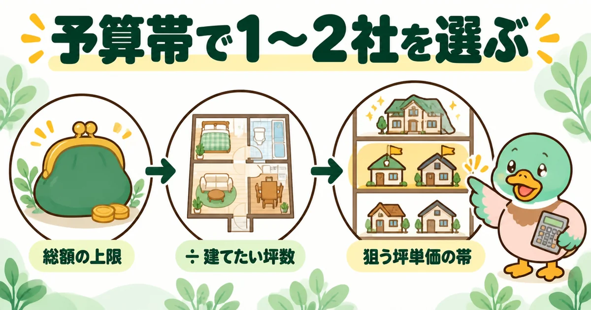 注文住宅の資料請求で、総額の上限を坪数で割って狙う坪単価の帯を出し、その帯から1〜2社を選ぶ流れの図。