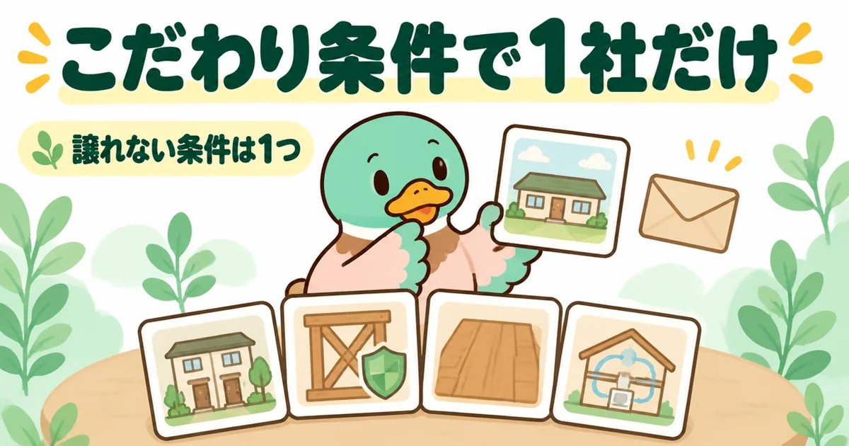 注文住宅の資料請求で、平屋や二世帯など譲れない条件を1つだけ選び、こだわりの会社は1社にするあいみつのイラスト。