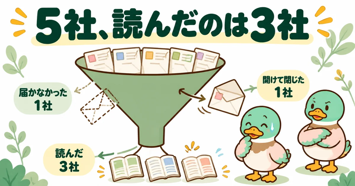 注文住宅の資料請求を5社にして、1社は届かず1社は開けて閉じ、読んだのは3社だったことをじょうごで示した図。