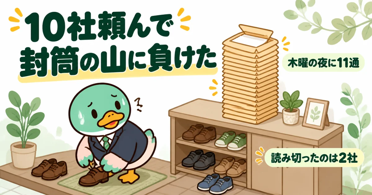 注文住宅の資料請求を10社にして、靴箱の上に積まれた11通の封筒を開けられずにいる男性のカモのイラスト。