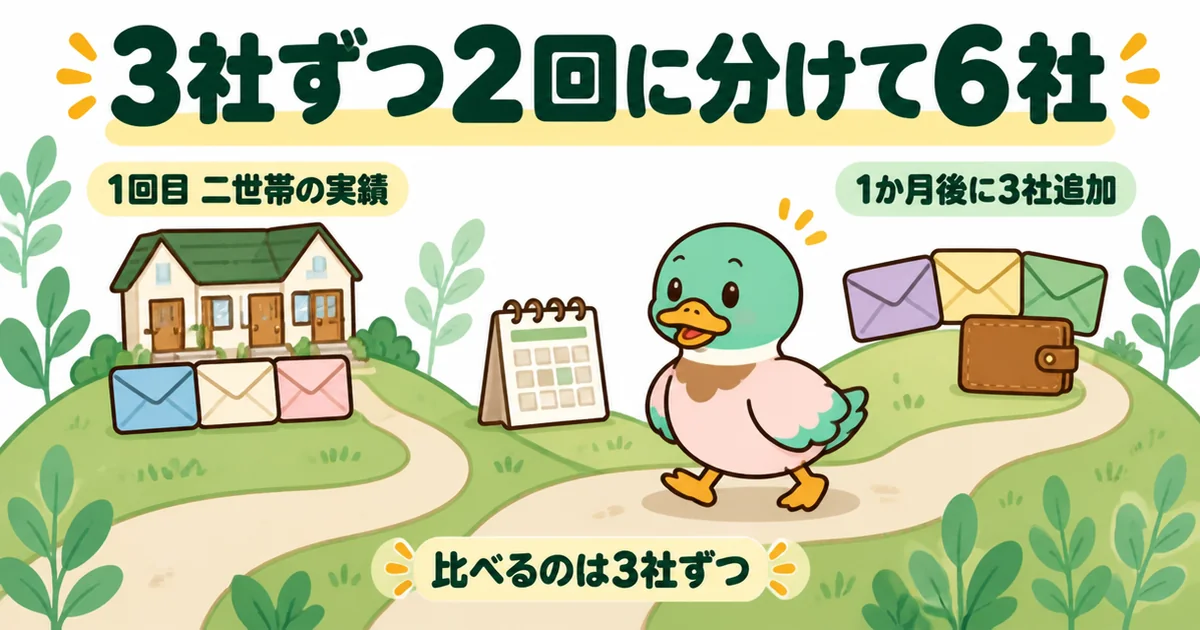 注文住宅の資料請求を3社ずつ2回に分け、1か月あけて合計6社を比べた女性のカモの進め方を道で示した図。