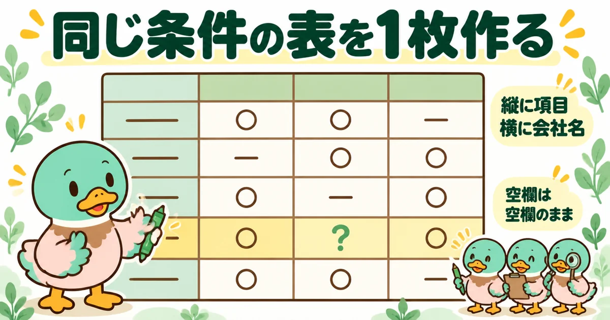 注文住宅の資料請求で届いた何社かを、縦に項目・横に会社名の表1枚にまとめ、空欄は空欄のまま残す図。