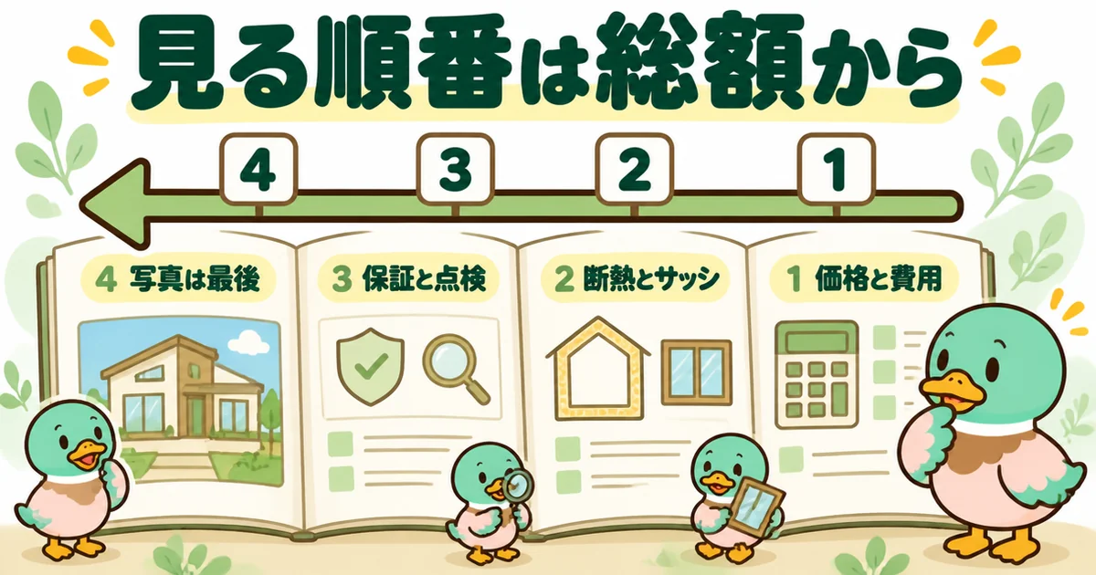 注文住宅の資料請求で届いたカタログを、価格と費用から先に見て写真は最後にする逆向きの読み方を示した図。