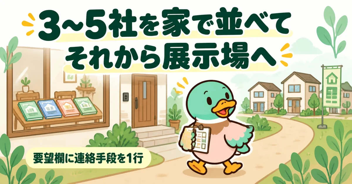 注文住宅の資料請求で3〜5社を家で並べて比べてから、表を持って展示場へ向かうあいみつのイラスト。