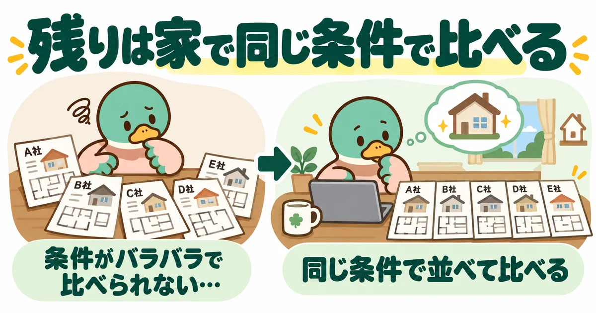 自宅で複数社の資料を同じ条件で比べるあいみつ。