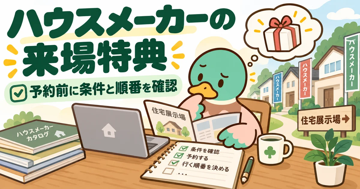 展示場の来場特典について、予約方法と条件を確認するあいみつ。