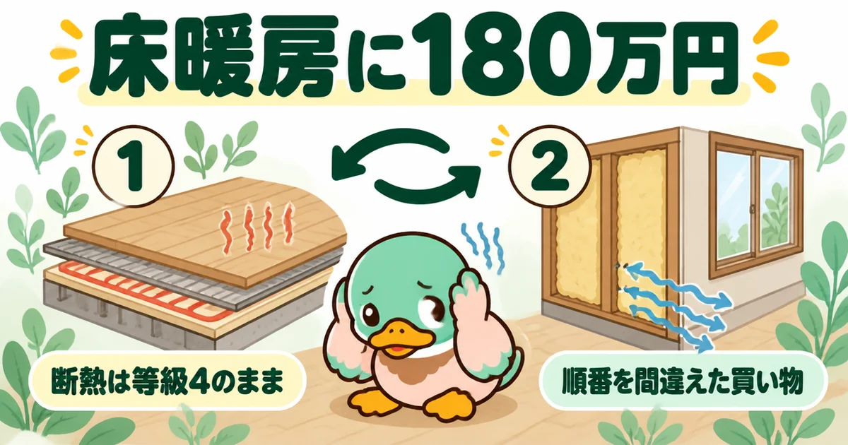 断熱を等級4のままにして床暖房に180万円をかけ、お金をかける順番を間違えたことを示す図解。ローコスト住宅でも同じ順番が大事。