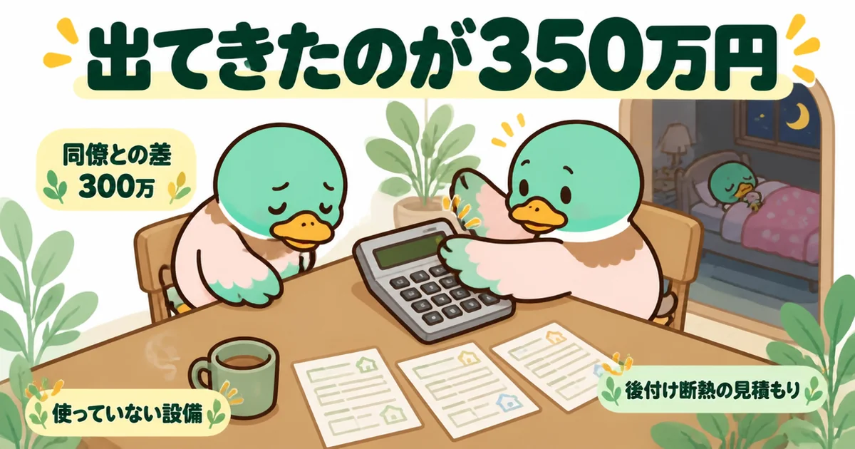 同僚との差300万に後付け断熱の見積もりと使っていない設備を足して350万円になり、夜の食卓で電卓を伏せる妻とうつむくあいみつ。