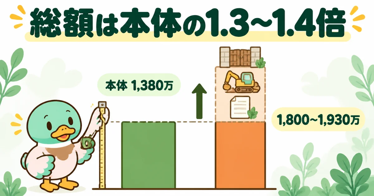 ローコスト住宅の総額は本体価格の1.3〜1.4倍が目安で、本体1,380万なら1,800万〜1,930万あたりになることを2本の棒で比べた図解。