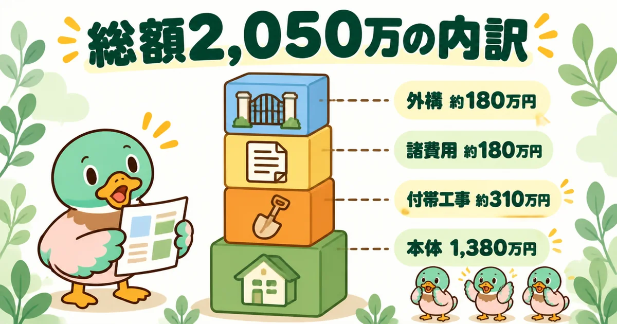 ローコスト住宅の総額2,050万円の内訳を、本体1,380万円・付帯工事約310万円・諸費用約180万円・外構約180万円の積み上げで示した図解。
