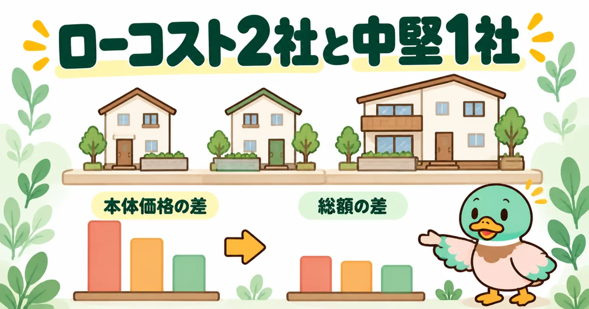 ローコスト住宅2社と中堅1社を同じ条件で並べると、本体価格の差より総額の差のほうが小さいことがあると示した図解。