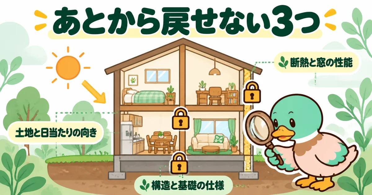 ローコスト住宅はやめとけと言われる中で、あとから戻せない断熱と窓・構造と基礎・土地と日当たりの3つに錠前をかけた家の断面図。