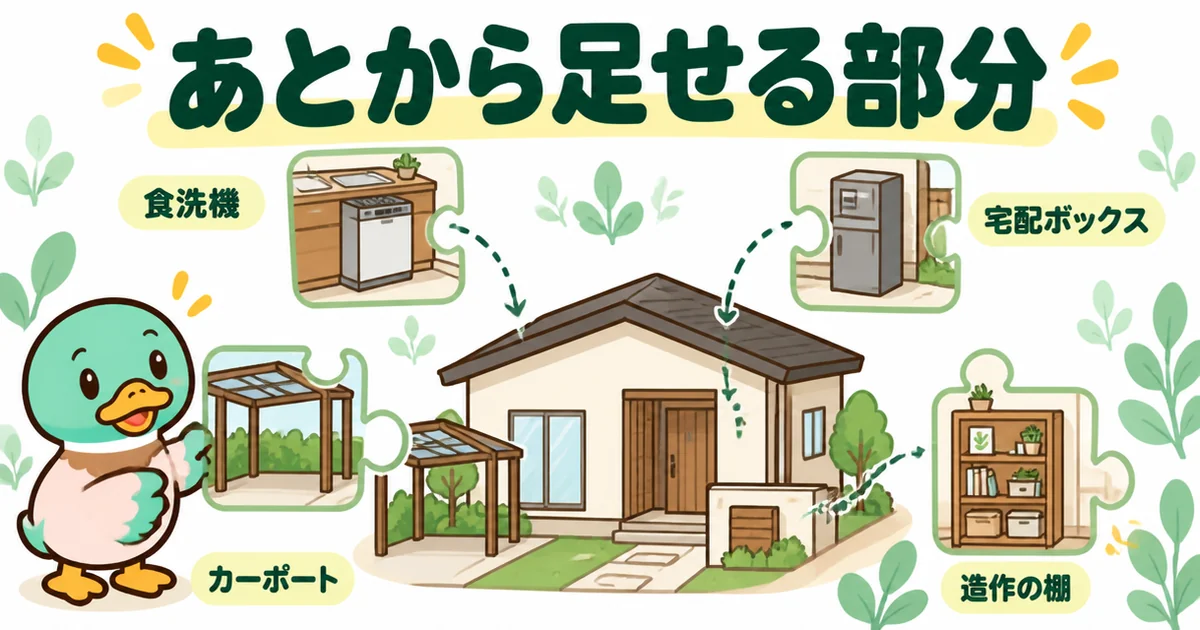 ローコスト住宅でも住んでからあとから足せる食洗機・宅配ボックス・造作の棚・カーポートを、家にはめ込むピースで描いた図。