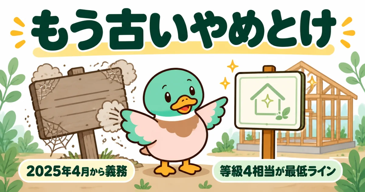 ローコスト住宅はやめとけの理由のうち古くなった話として、2025年4月から省エネ基準が義務になり等級4相当が最低ラインになったことを示す標識の図。